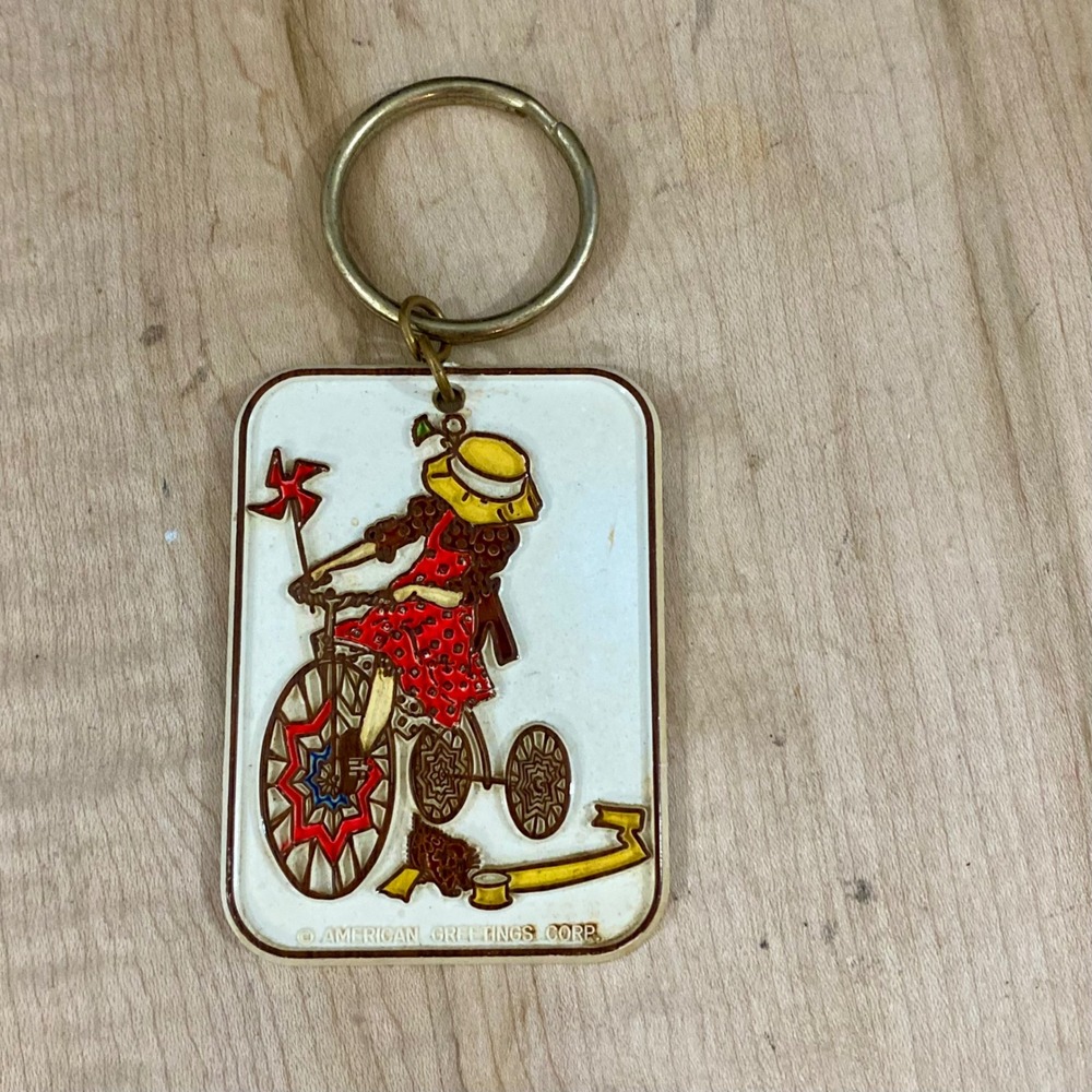 Vintage 70s Holly Hobbie Keychain Girl Tricycle American Greetings Enamel RARE*